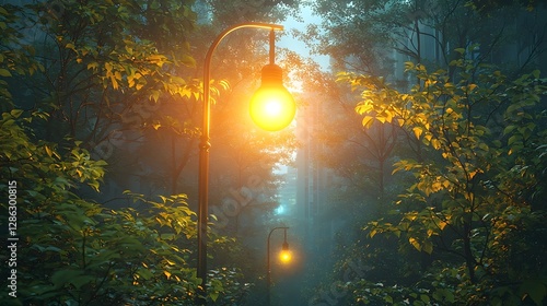 Glowing Urban Forest Sunset Landscape with Towering Buildings and Lush Greenery