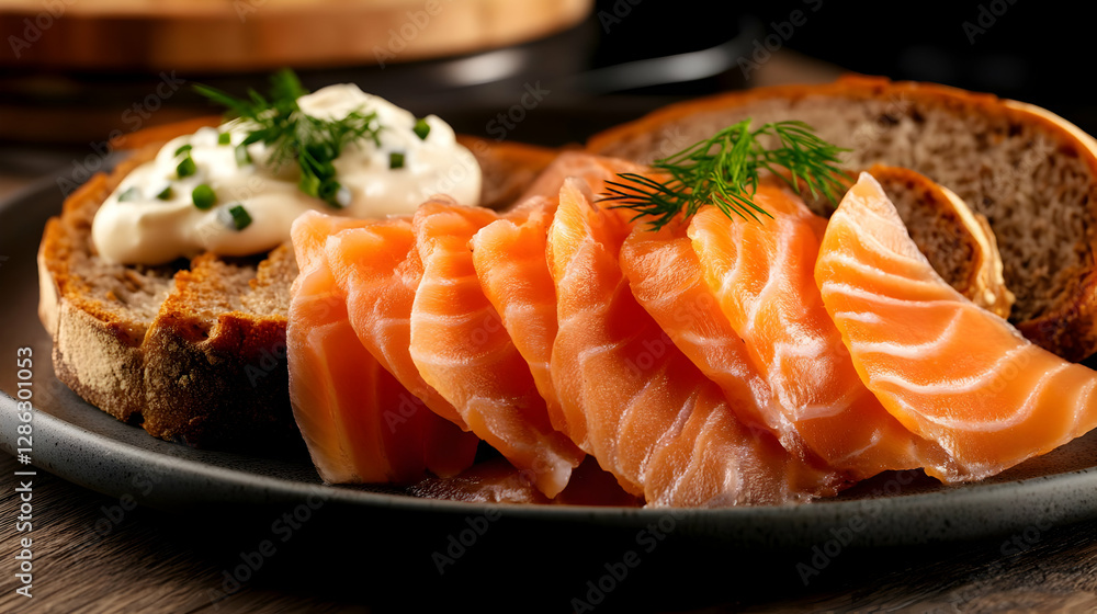 Delicious slices of fresh salmon served on dark bread accompanied by creamy sauce and garnished with herbs. Delicious slices of fresh salmon served on dark bread accompanied by creamy sauce and garnished with herbs.