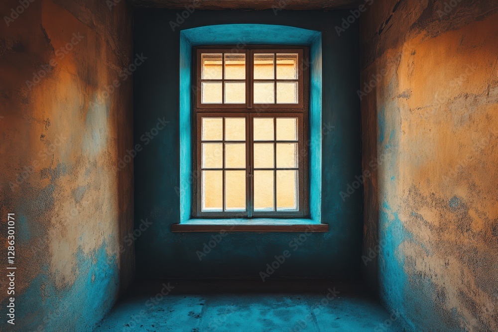 A small room features a window set against a calming blue wall, creating a serene and inviting atmosphere. A small room features a window set against a calming blue wall, creating a serene and inviting atmosphere.