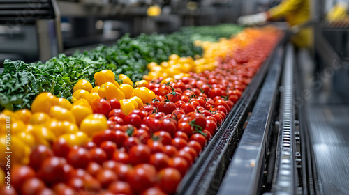 Fresh vegetables sorted in production line, showcasing vibrant colors like red, yellow, and green. efficient sorting process highlights importance of quality in food production