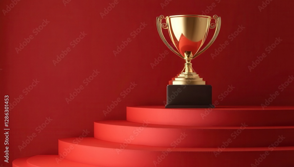 Golden Trophy on Red Pedestal: A shiny golden trophy sits atop a vibrant red pedestal, Concept for Winner on podium, embodying success and achievement, ready to be awarded and celebrated. Golden Trophy on Red Pedestal: A shiny golden trophy sits atop a vibrant red pedestal, Concept for Winner on podium, embodying success and achievement, ready to be awarded and celebrated.