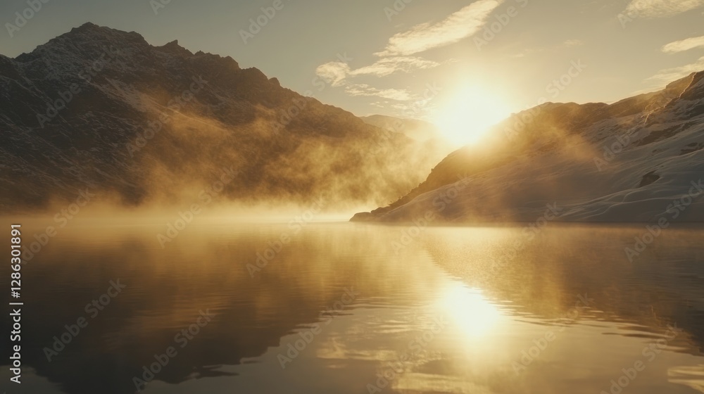 Fototapeta premium Serene Mountain Lake Landscape with Golden Sunrise and Misty Reflections
