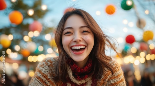 Wallpaper Mural A happy girl beams with joy as she enjoys a cheerful moment in a festive outdoor setting adorned with colorful decorations and beautiful lights, radiating happiness. Torontodigital.ca