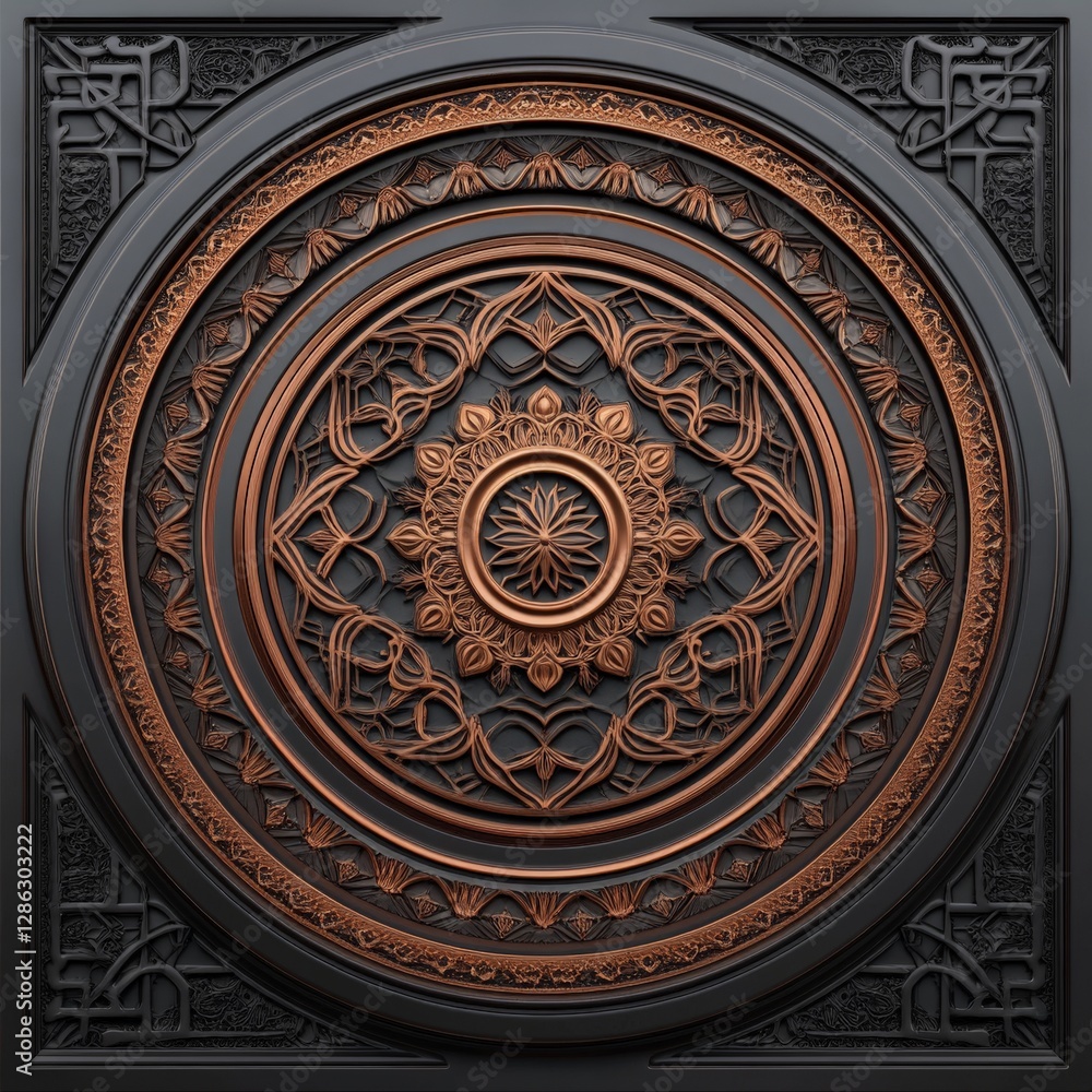 Fototapeta premium Ornate circular wooden carving with intricate geometric and floral motifs showcasing traditional craftsmanship cultural heritage and fine artistry