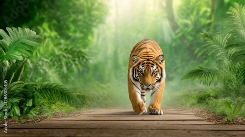 Majestic Tiger on Jungle Path - A majestic tiger walks a wooden path through a misty rainforest, symbolizing power, nature, grace, wilderness, and freedom