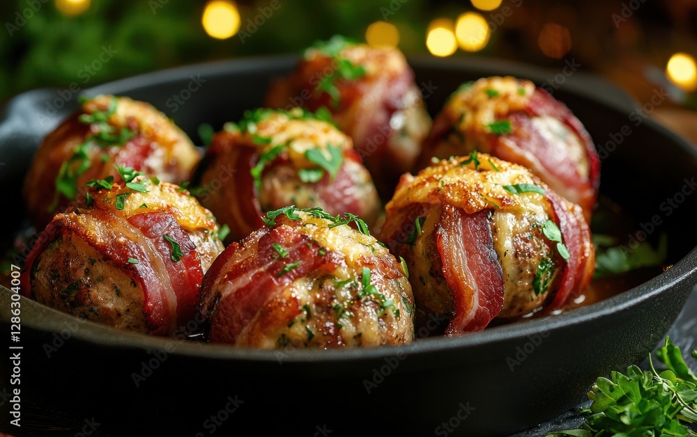 Levitating crispy bacon-wrapped meatballs with golden cheese St Patrick Day Levitating crispy bacon-wrapped meatballs with golden cheese St Patrick Day