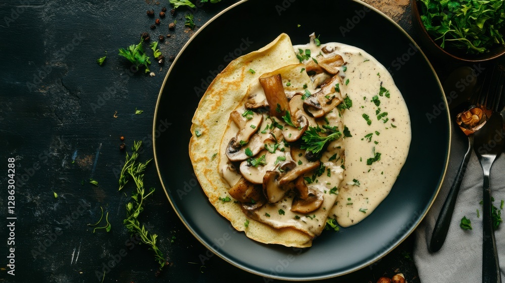 Overhead View of Crepe Topped with Creamy Mushroom Sauce on Dark Background Overhead View of Crepe Topped with Creamy Mushroom Sauce on Dark Background