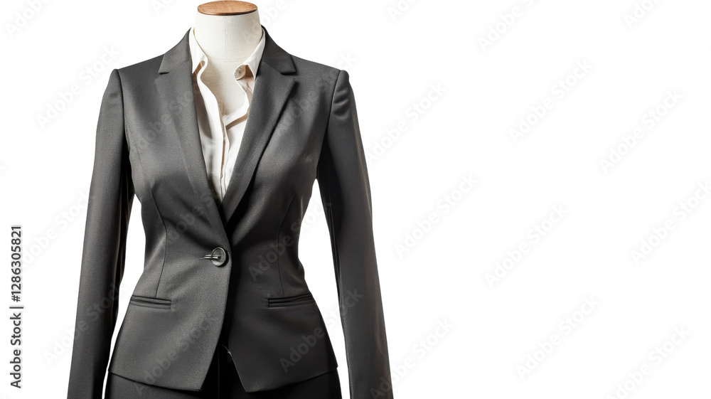 Elegant gray business suit displayed on a mannequin in a modern retail store setting during daylight hours