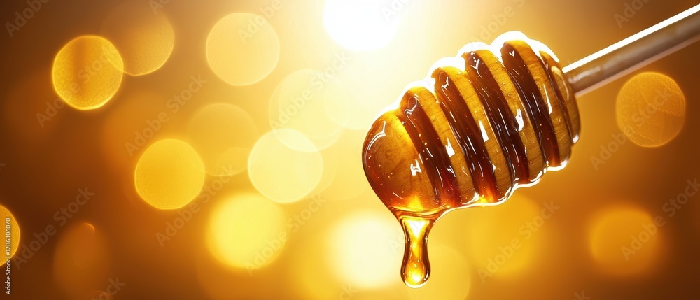 A close-up of honey dripping from a dipper, surrounded by a warm, golden glow, showcasing its rich texture and sweetness. A close-up of honey dripping from a dipper, surrounded by a warm, golden glow, showcasing its rich texture and sweetness.