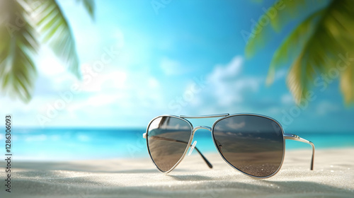 Stylish sunglasses resting on a sandy beach, framed by lush palm trees and a tranquil ocean backdrop, perfect for summer vibes.