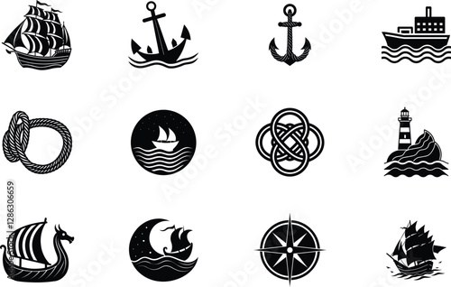 Nautical Icons Ships, Anchors, Knots, and Lighthouse Symbols