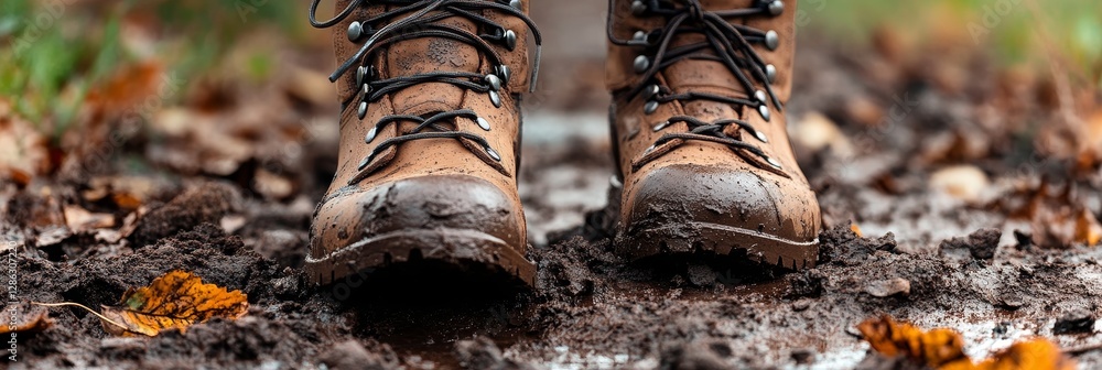 Mud-Covered Hiking Boots - Close-up of muddy hiking boots on a trail, showcasing durability and outdoor adventure Mud-Covered Hiking Boots - Close-up of muddy hiking boots on a trail, showcasing durability and outdoor adventure