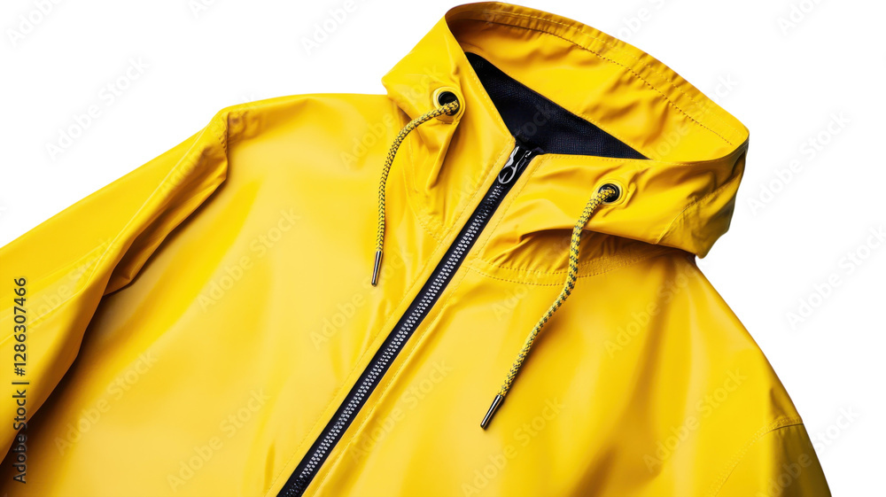 Bright yellow rain jacket showcasing a stylish design suitable for outdoor activities during rainy weather