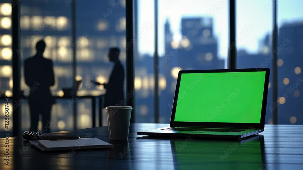 Business Meeting Environment with Laptop and Coffee Cup in Modern Office Setting at Dusk Business Meeting Environment with Laptop and Coffee Cup in Modern Office Setting at Dusk