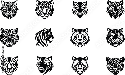 Twelve stylized tiger head illustrations, black and white designs