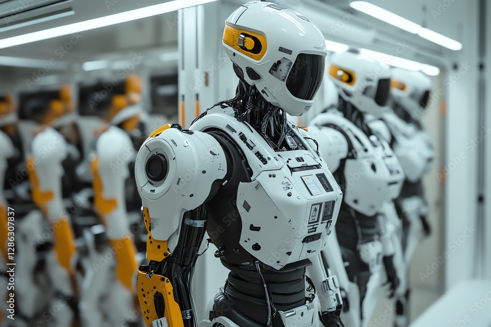 Advanced Robot Line Up in Modern Factory Setting Advanced Robot Line Up in Modern Factory Setting