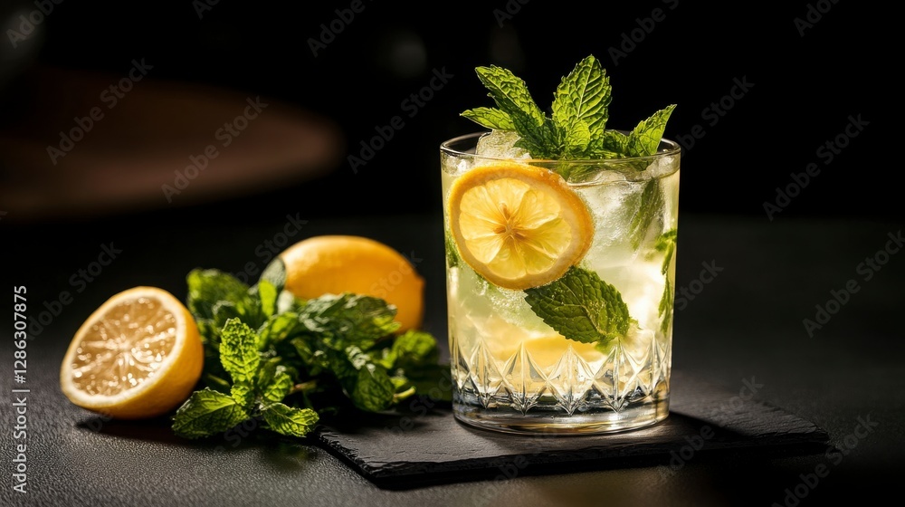 Fototapeta premium Refreshing Lemon Mint Cocktail with Ice in Cut Glass on Dark Backgrounds and Lighting Effects for Enhanced Visual Appeal in High Definition Images for Foodie Media Platforms and Culinary Purposes