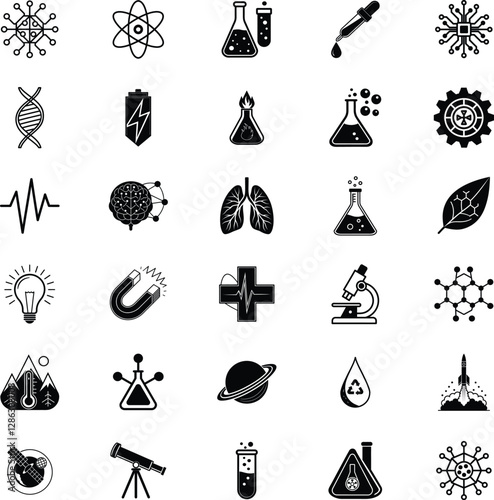 Science Icons Chemistry, Biology, Physics, Technology, and Medicine