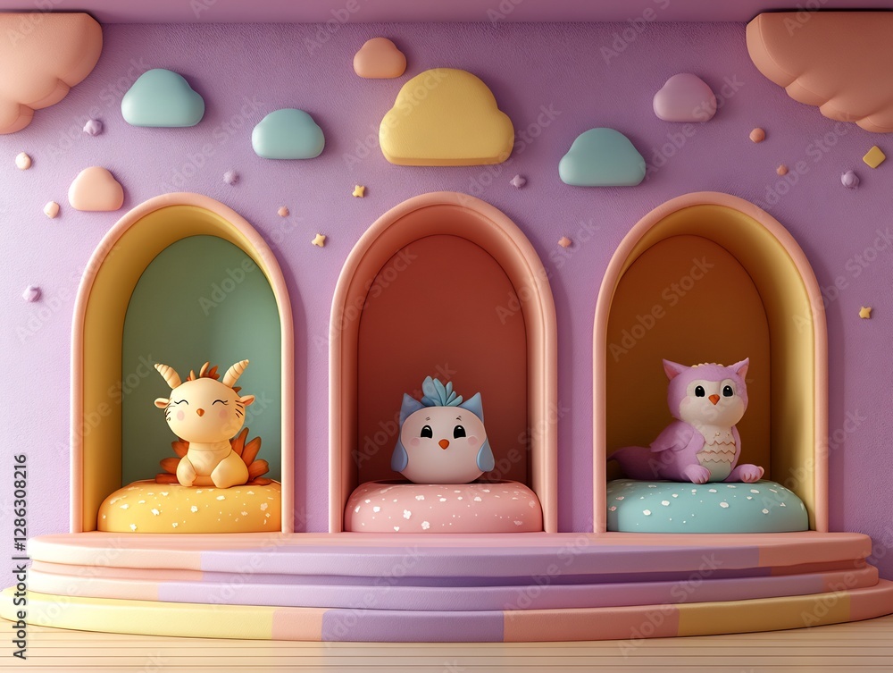 Pastel Playful Creatures Cozy Niche Display. AI Generated Pastel Playful Creatures Cozy Niche Display. AI Generated
