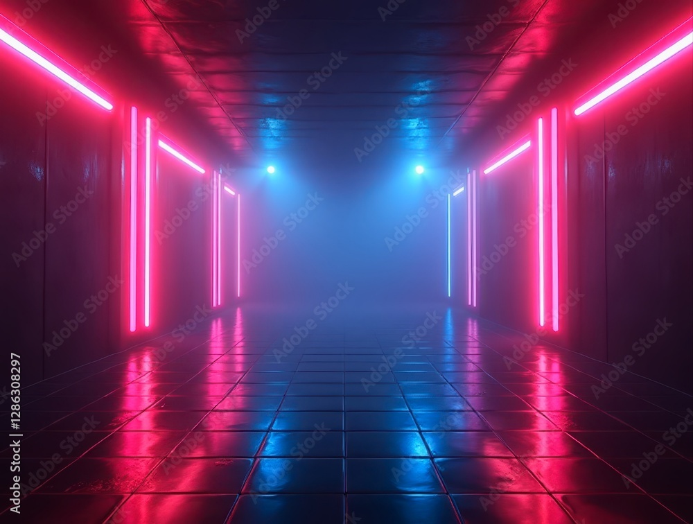 Neon lights illuminating a futuristic corridor with fog and reflections Neon lights illuminating a futuristic corridor with fog and reflections