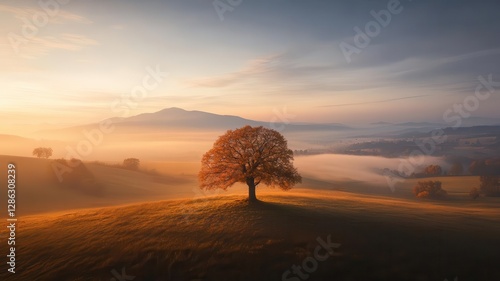 A serene landscape featuring a solitary tree on a hill, surrounded by vibrant colors during sunrise, evoking calmness and beauty. Tree and wood landscape concept. Tree and wood landscape concept.