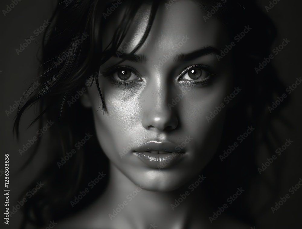 Intense gaze of woman in high-contrast black and white Intense gaze of woman in high-contrast black and white