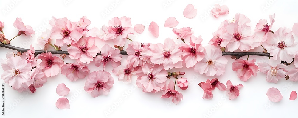 Beautiful pink cherry blossom flowers arranged on a white background with scattered petals for decoration
