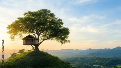 A serene treehouse perched on a hilltop, surrounded by lush greenery and a stunning sunset backdrop. Tree and wood landscape concept. Tree and wood landscape concept.