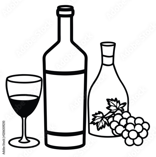 Red wine bottle and glass with liquid alcohol beverage. Red wine in a bottle and glass with grapes, an isolated alcoholic beverage from the vine.