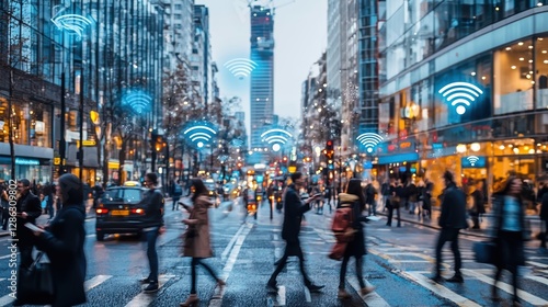 Wallpaper Mural bustling city street with people using mobile devices, surrounded by digital wifi icons, showcasing connectivity in urban environment Torontodigital.ca