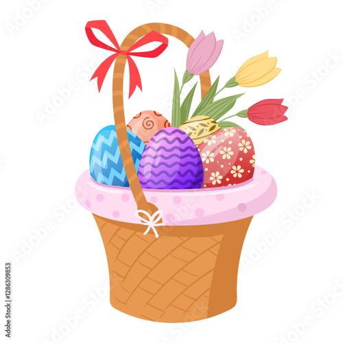 Spring holiday chocolate eggs in basket. Easter painted eggs wicker basket flat vector illustration. Cartoon basket full of colorful eggs
