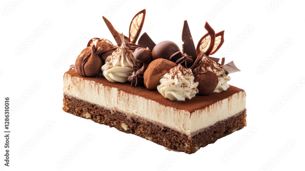 Indulgent dessert with layers of chocolate and cream elegantly presented on a white background