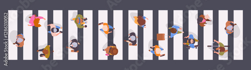 Walking pedestrians. People crossing road view from above, characters on crosswalk, men and women walk down the street top view flat vector illustration. Male and female passersby crossing road