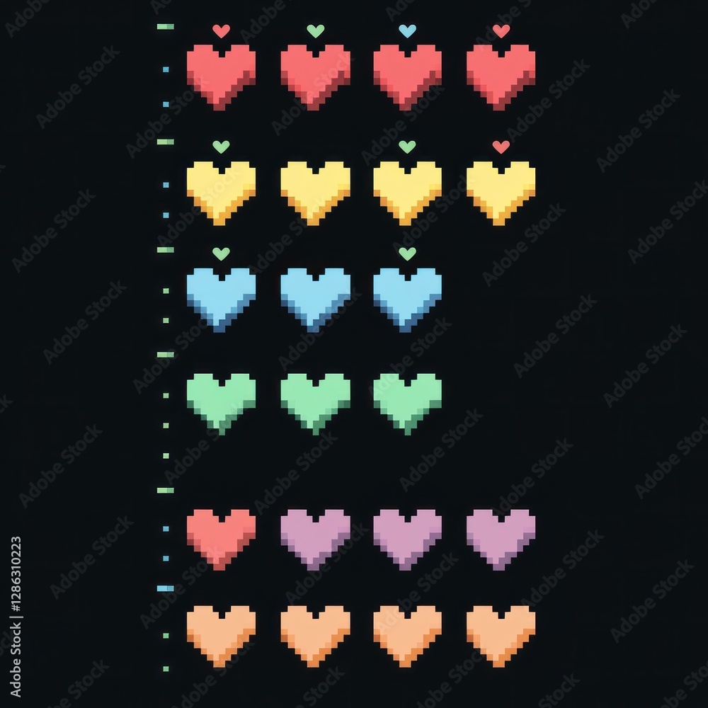 Fototapeta premium Colorful pixel hearts pattern suitable for digital design, showcasing love and joy through vibrant shades of red, blue, yellow, and green in a playful style