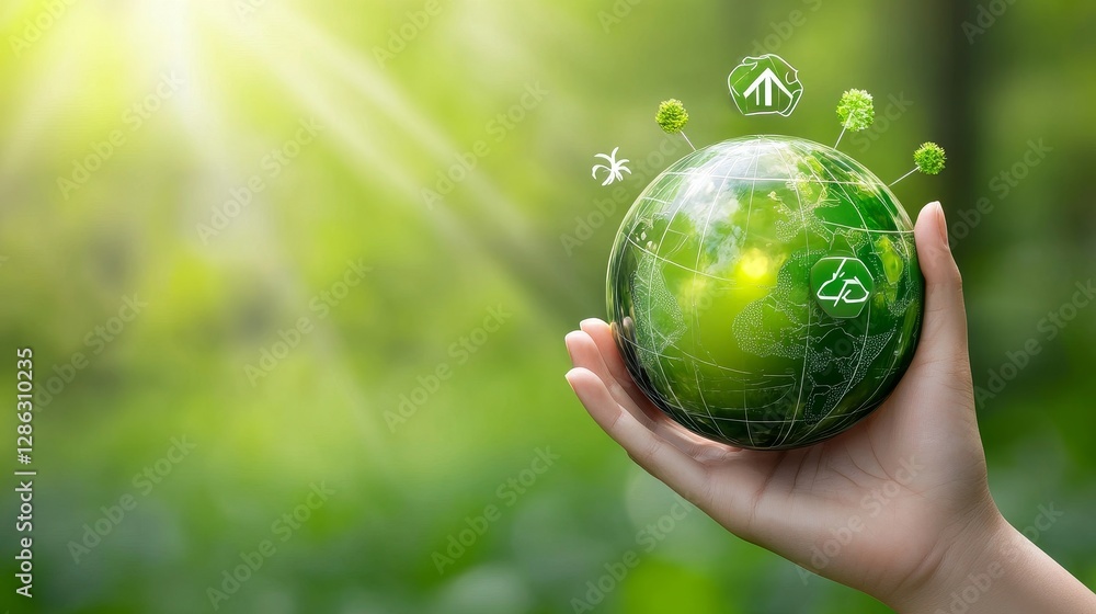 Protecting Our Planet - Hand holding a green globe with environmental icons, symbolizing sustainability and eco-consciousness Protecting Our Planet - Hand holding a green globe with environmental icons, symbolizing sustainability and eco-consciousness
