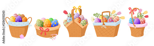 Wicker basket with painted colorful eggs. Cartoon baskets full of easter eggs, spring holiday chocolate eggs flat vector illustration set. Easter surprise eggs baskets on white
