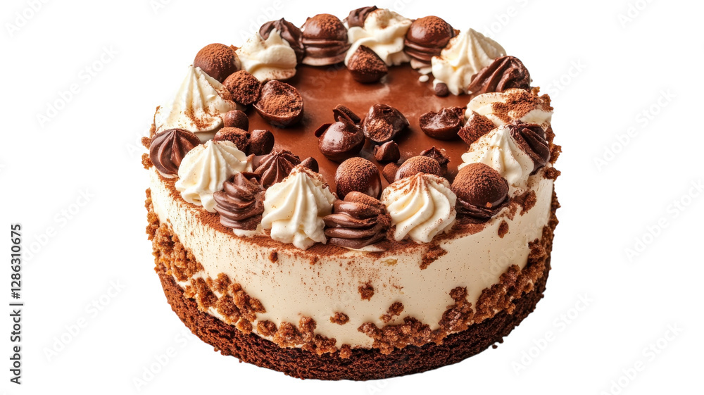 Delicious chocolate coffee cake with creamy frosting and chocolate decorations at a dessert shop