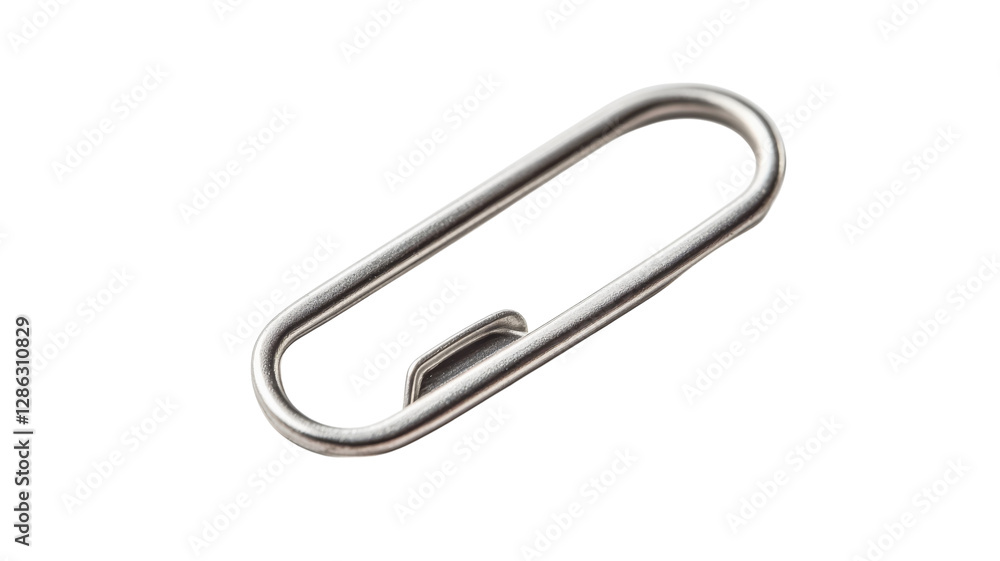 Simple metal paperclip laying on a white surface highlighting its design and functionality in an office setting