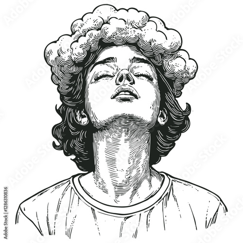 Vector illustration of a young woman with their head in the clouds. Vintage engraving style. Great for dream, imagination, or mental health themed designs.