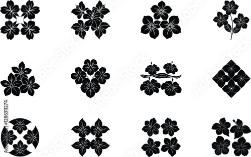 Japanese Black and White Floral Mon Family Crest Designs