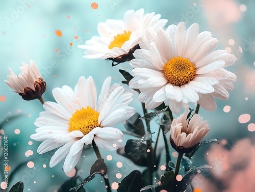 Delicate White Daisies with Yellow Centers Surrounded by Soft Pastel Background and Colorful Accents photo