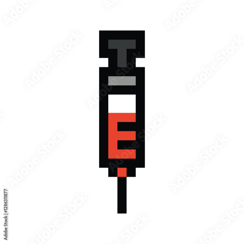 Cute pixel cartoon 8bit doctor equipment medical tool care for decoration inject hypodermic syringe hospital 8 bit pixel art game 8bit png vector.