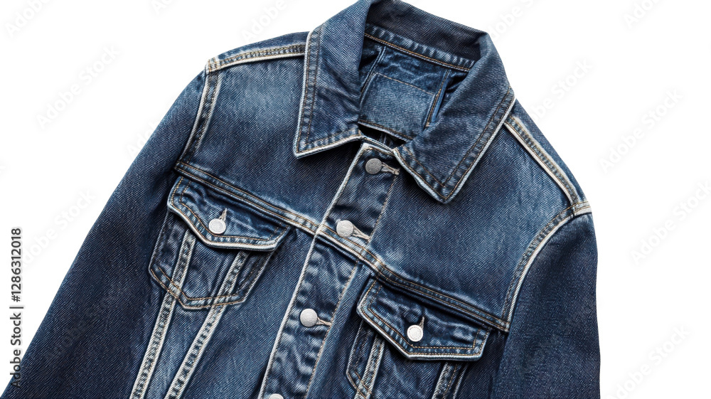 Denim jacket displayed against a white background highlighting its classic design and stylish features