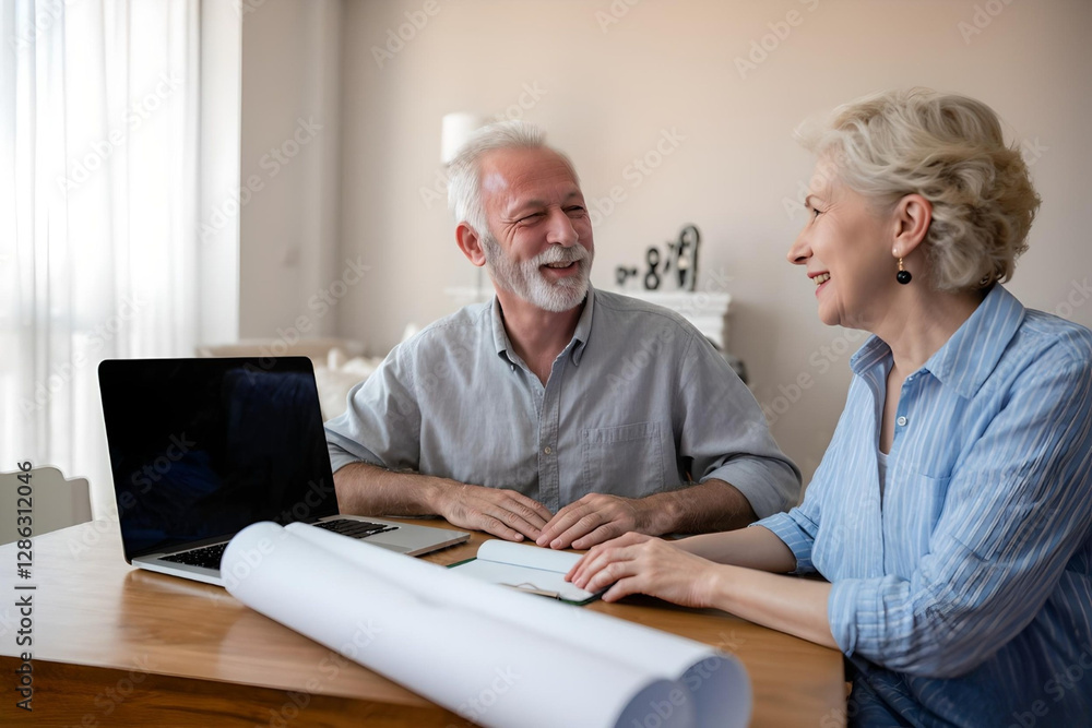 Friendly Business Meeting with a Professional Consultant at Home. A couple discusses details and plans with a business consultant, representing professional advice and teamwork in a friendly atmospher Friendly Business Meeting with a Professional Consultant at Home. A couple discusses details and plans with a business consultant, representing professional advice and teamwork in a friendly atmospher