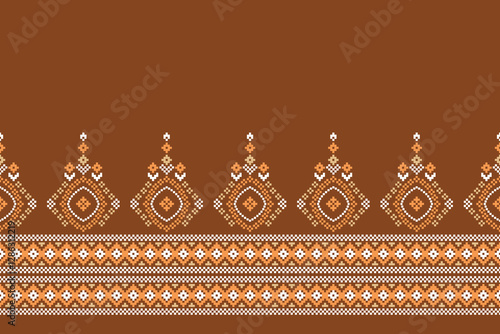 Fabric pattern traditional ethnic motif ikat geometric cross stitch.Ikat embroidery Ethnic oriental Pixel brown color label background. Abstract,vector. Texture,decoration,wallpaper.