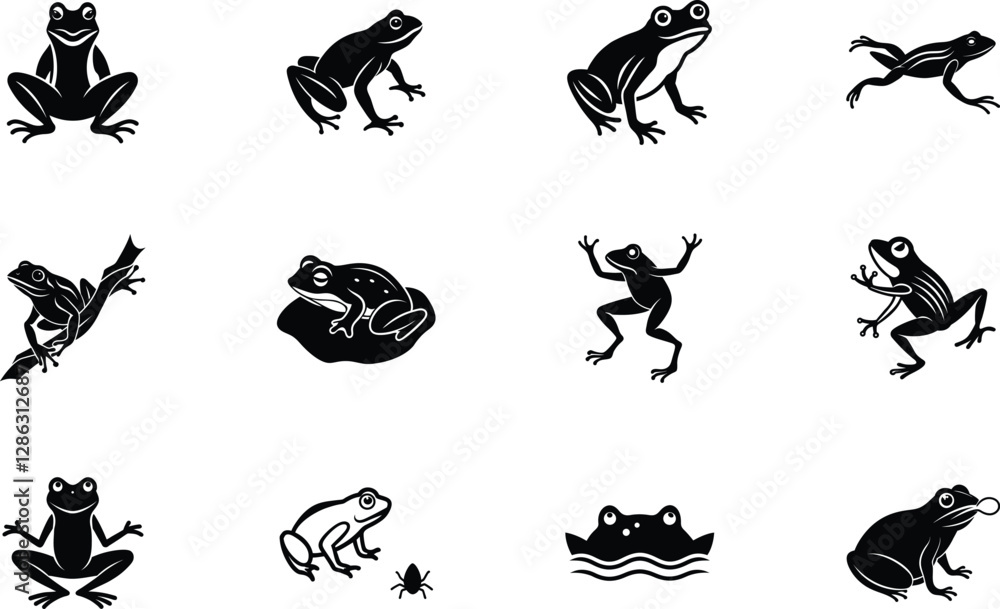 Twelve Silhouettes of Frogs Amphibian Poses, Black and White Twelve Silhouettes of Frogs Amphibian Poses, Black and White