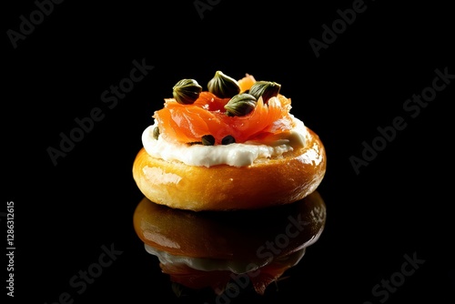 Smoked Fish Appetizer with Cream Cheese and Capers on Dark Backgrounds and Texture Details on Glassware and Silverware on a Tabletop at A Dinner Party Event with Elegant Style and Refined