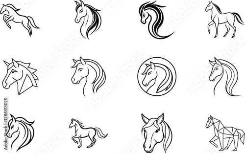Elegant Horse Icons Line Art, Vector Graphics, Stallion, Mare, Designs