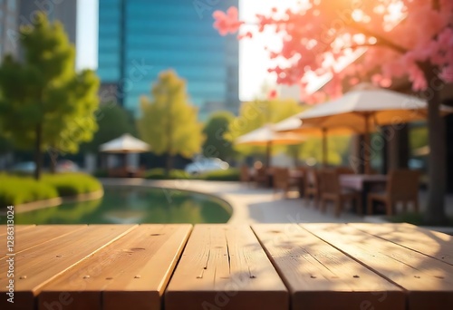 Wallpaper Mural Empty wooden in front of blurred background of the glass building and the beautiful atmosphere outside the restaurant and cafe decorated with a large pond and green trees give a feeling of freshness. Torontodigital.ca