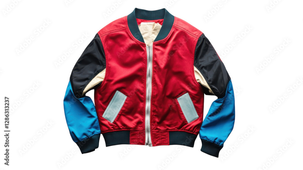 Brightly colored bomber jacket displayed on a plain background with a focus on its unique design and construction details